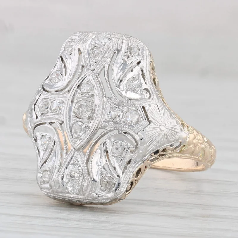 women’s diamond engagement ring for her-Antique Ornate Diamond Ring 10k Gold Palladium Filigree Repousse Size 10.25