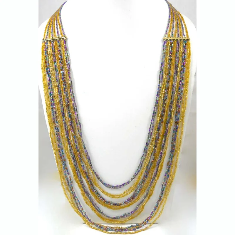 women’s trendy necklace-Multi Layered Gold/Blue Rainbow Seed Bead Necklace