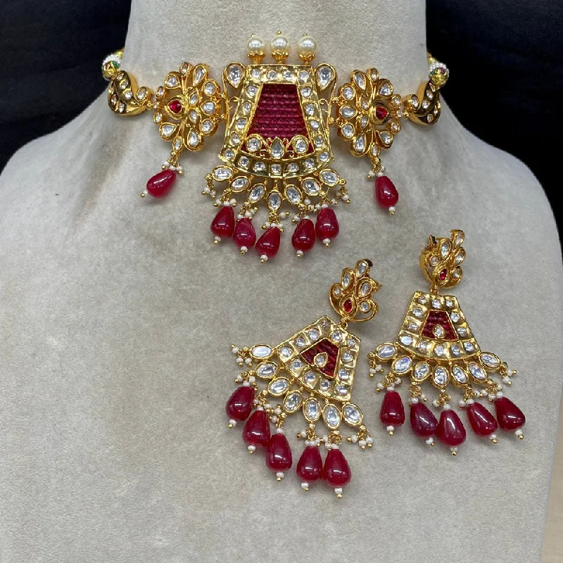 women’s choker necklace-Amoliya Jewels Gold Plated Polki Kundan Stone And Beads Choker Necklace Set