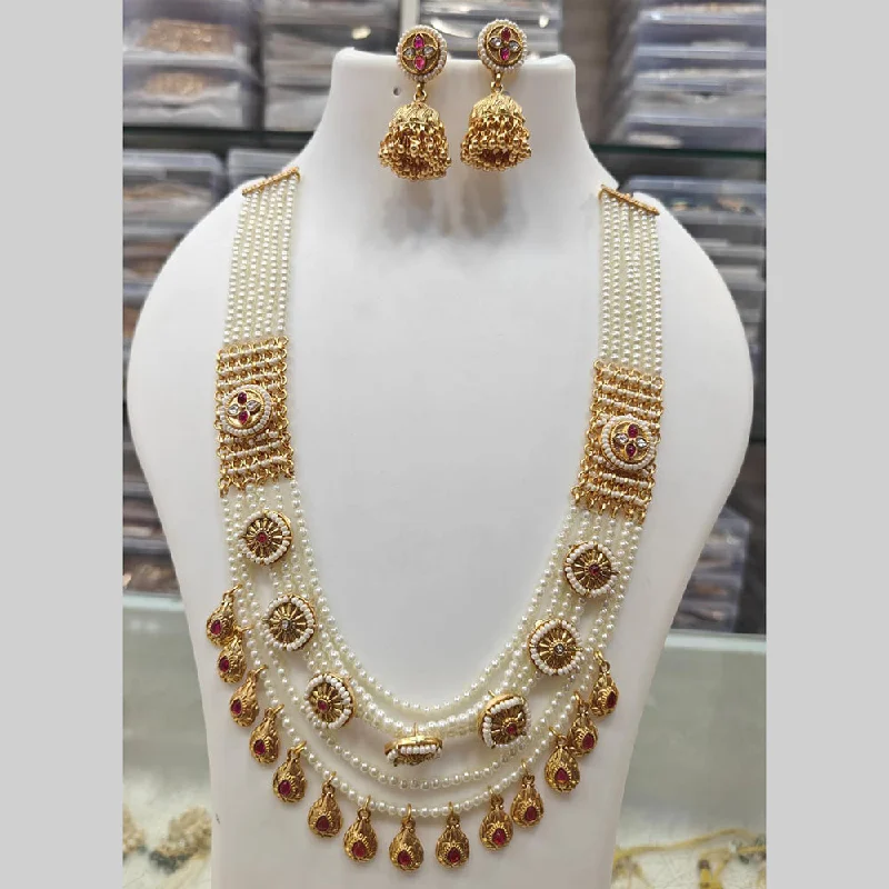 women’s charm necklace-Manisha Jewellery Gold Plated Pota Stone And Pearls Long Necklace Set