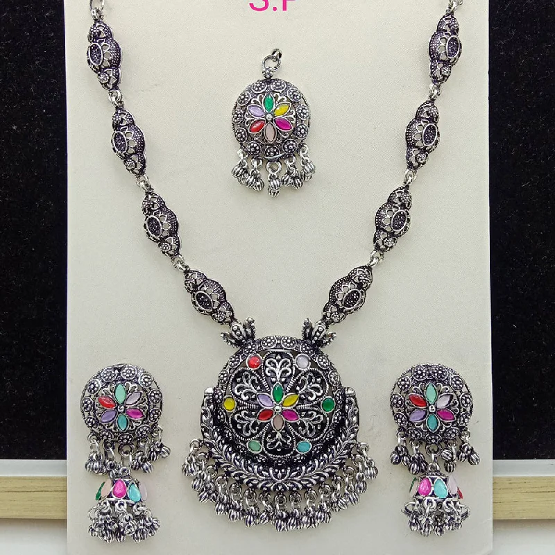 women’s statement necklace-SP Jewellery Oxidised Plated Pota Stone Necklace Set