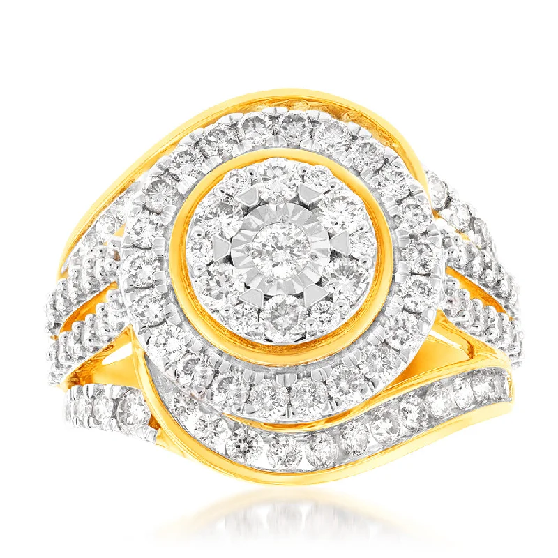 women’s simple engagement ring-9ct Yellow Gold 2 Carat Diamond Ring with 99 Brilliant Cut Diamonds