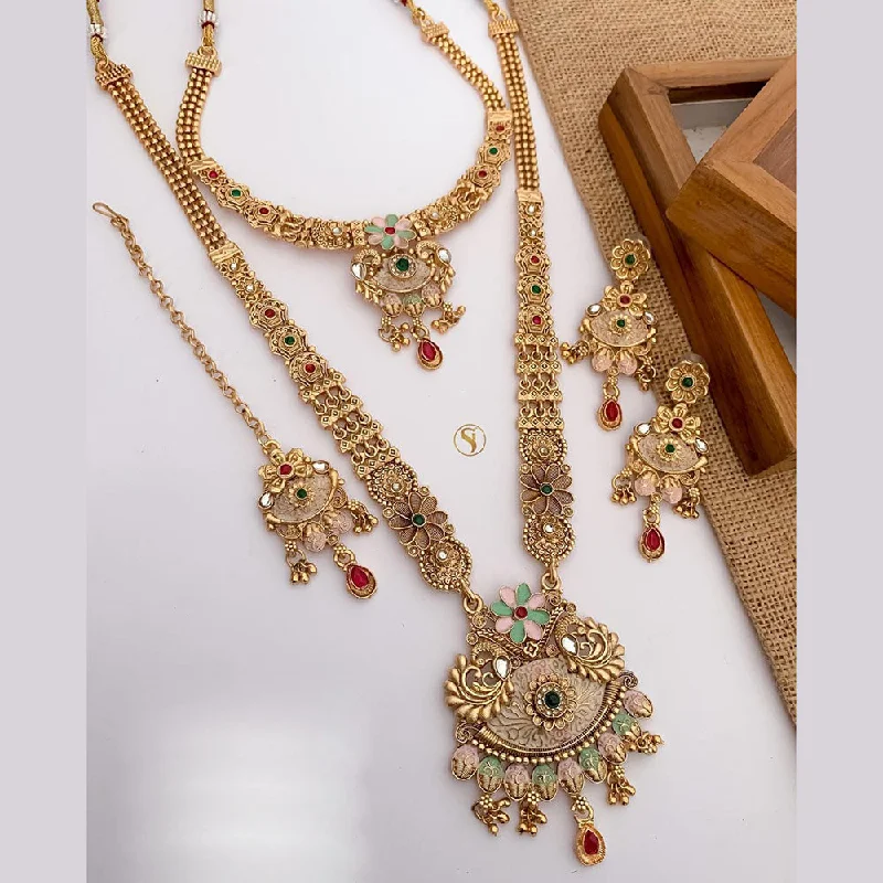 women’s adjustable necklace-FS Collection Gold Plated Pota Stone And Meenakari Double Necklace Set