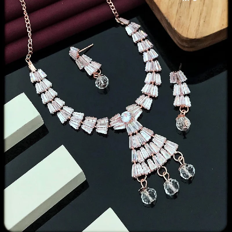 women’s crystal pendant necklace-Akruti Collection Rose Gold Plated Crystal Stone Necklace Set