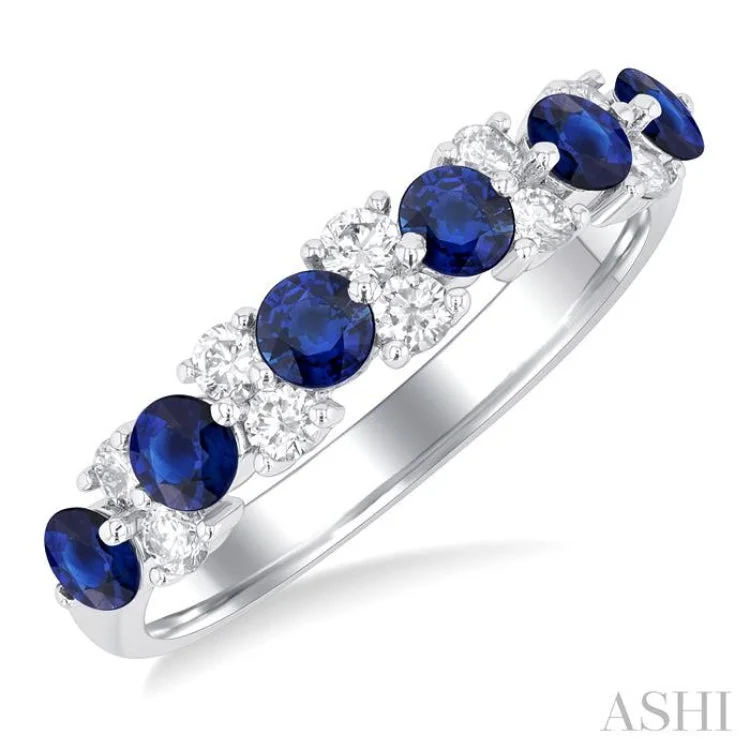 women’s statement gemstone ring-1/3 ctw Round Cut 3MM Sapphire and Diamond Precious Band in 14K White Gold