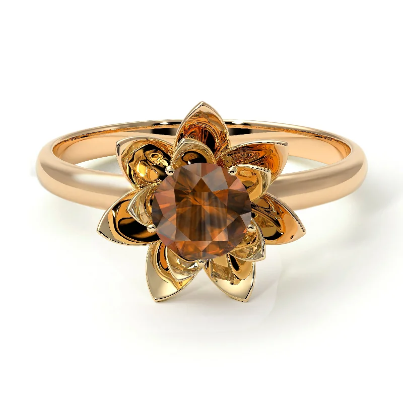 women’s diamond wedding engagement ring-Lotus Flower Solitaire Brown Diamond Ring - Lotus no. 1101