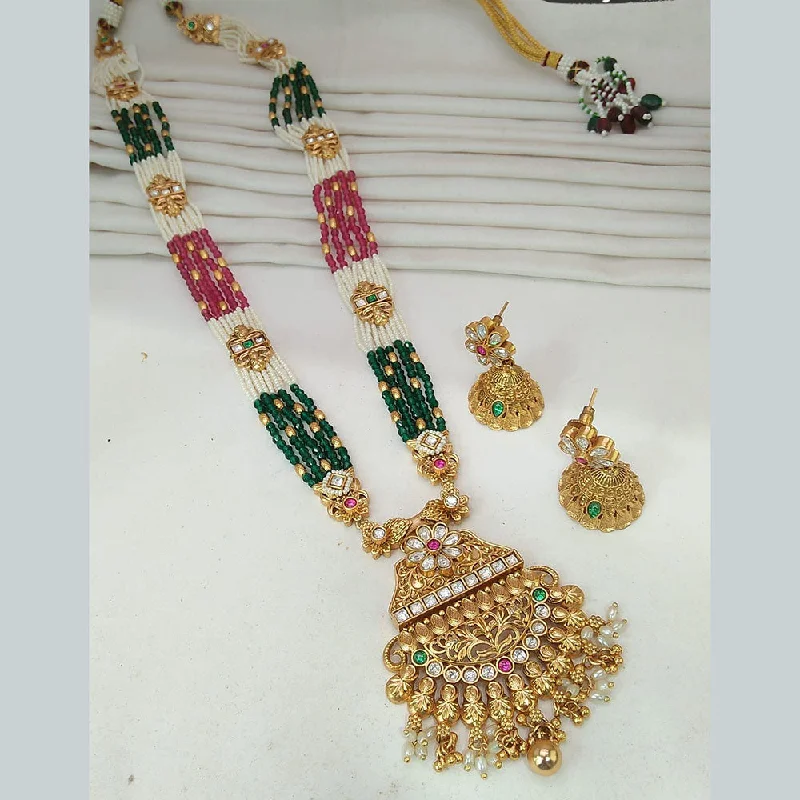 women’s emerald necklace-Everlasting Quality Jewels Gold Plated Pota Stone And Pearls Long Necklace Set