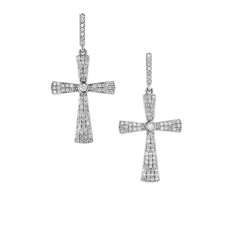 women’s personalized hoop earrings-Bezeled Diamond Cross Drop Earrings E0000470