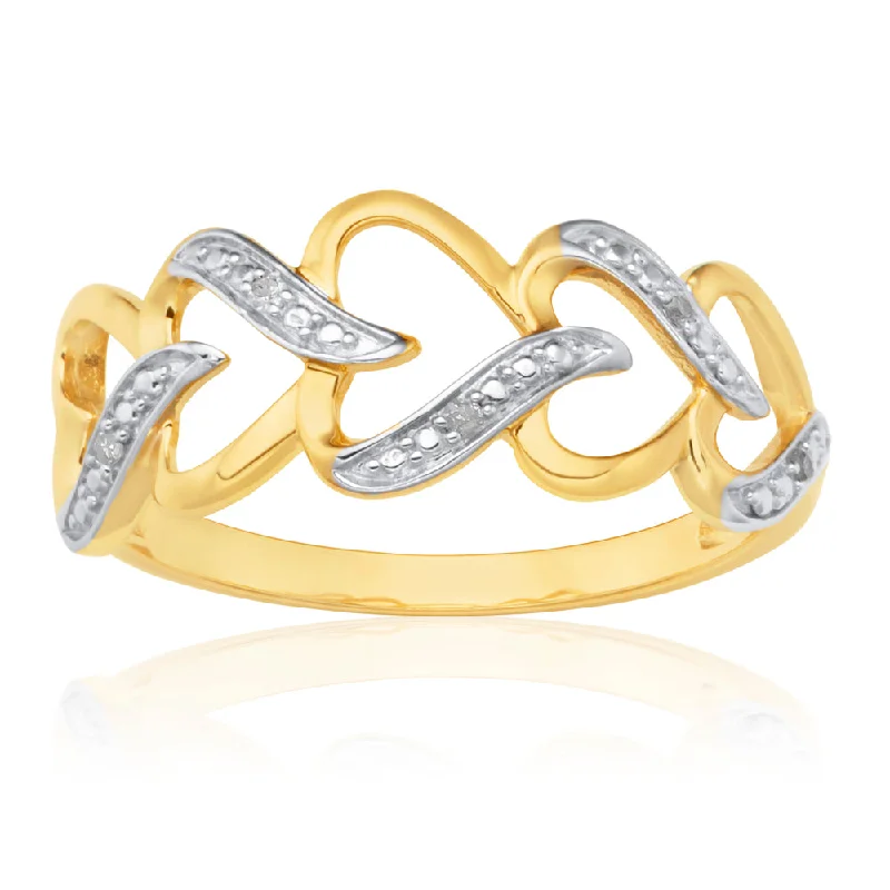 women’s engraved engagement ring-9ct Yellow Gold  Carat Interlocking Heart Diamond Ring with 5 Diamonds