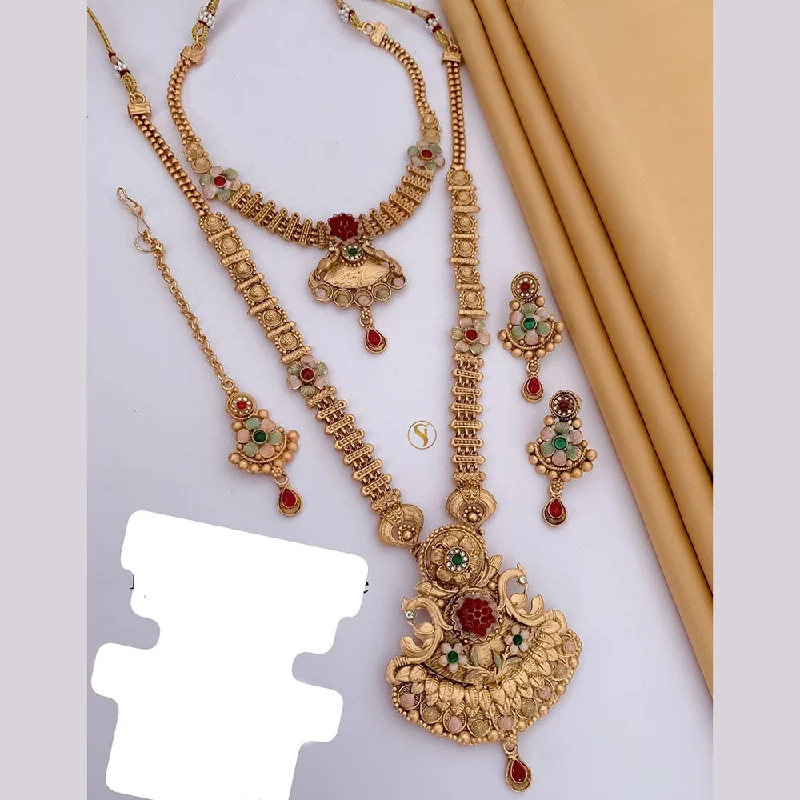 women’s star necklace-FS Collection Gold Plated Pota Stone And Meenakari Double Necklace Set