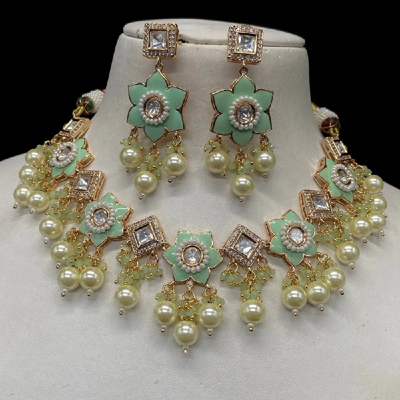 women’s multi-layered necklace-Amoliya Jewels Gold Plated Polki Kundan Stone And Beads Meenakari Choker Necklace Set