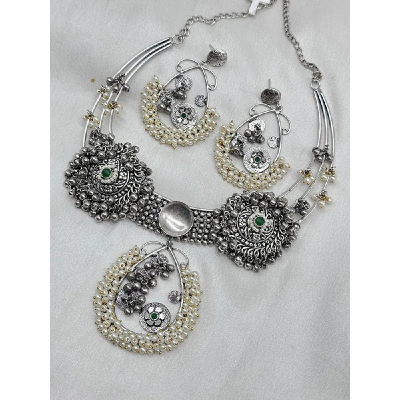 women’s gold chain necklace-Akruti Collection Oxidised Plated Pota Stone Necklace Set