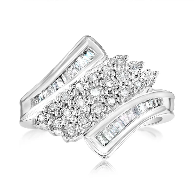 women’s romantic engagement ring-Sterling Silver 1/3 Carat Diamond Ring With Round and Baguette Cut Diamonds