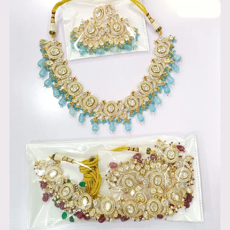 women’s chic necklace-JCM Gold Plated Polki Kundan Stone Beads Necklace Set