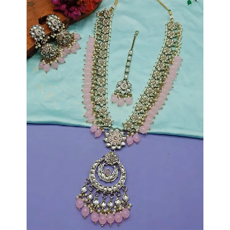 women’s adjustable necklace-Gehana Mahal Kundan Stone And Meenakari Pearls Long Necklace Set