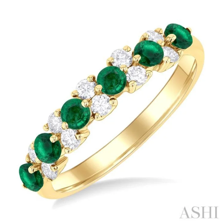 women’s bridal ring-1/3 ctw Round Cut 2.7MM Emerald and Diamond Precious Band in 14K Yellow Gold