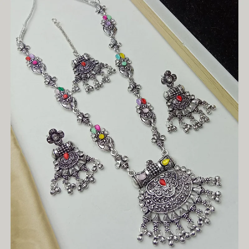 women’s sparkling necklace-SP Jewellery Oxidised Plated Pota Stone Necklace Set