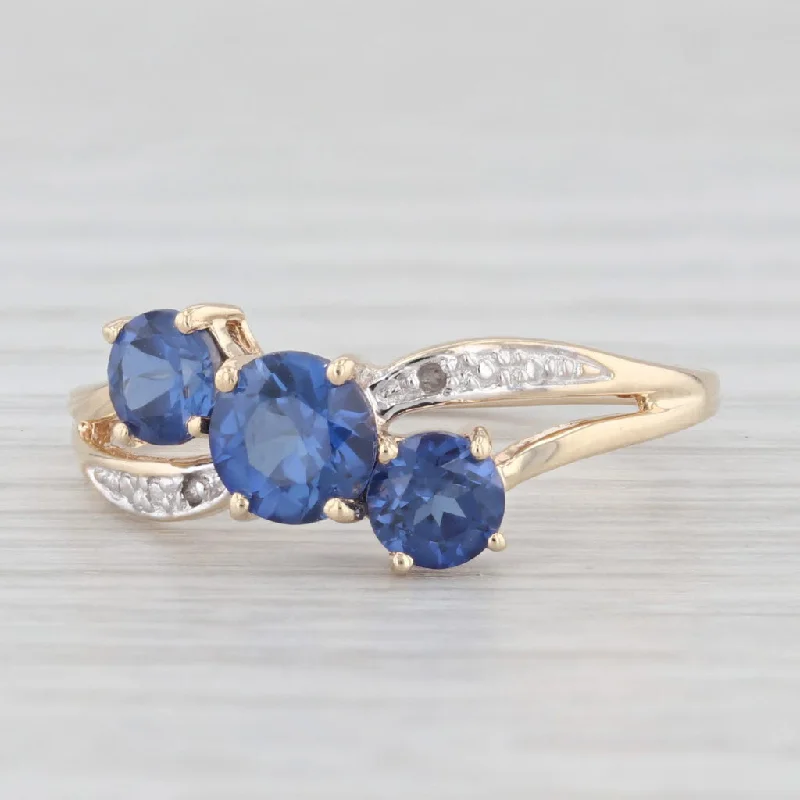 women’s gold engagement ring-1.29ctw 3-Stone Lab Created Blue Sapphire Diamond Ring 10k Yellow Gold Size 7