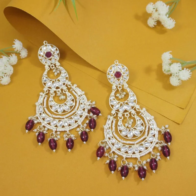 women’s platinum earrings-Etnico Gold Plated Traditional Kundan & Pearl Chandbali Earrings For Women (E3093Wi)