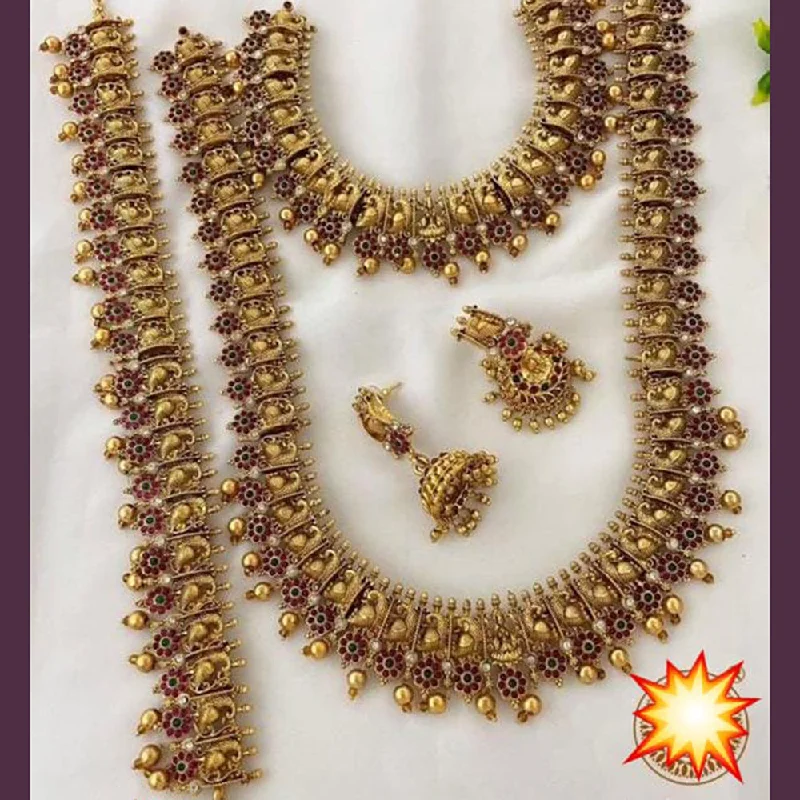 women’s vintage necklace-India Art Gold Plated Pota Stone Double Necklace Set