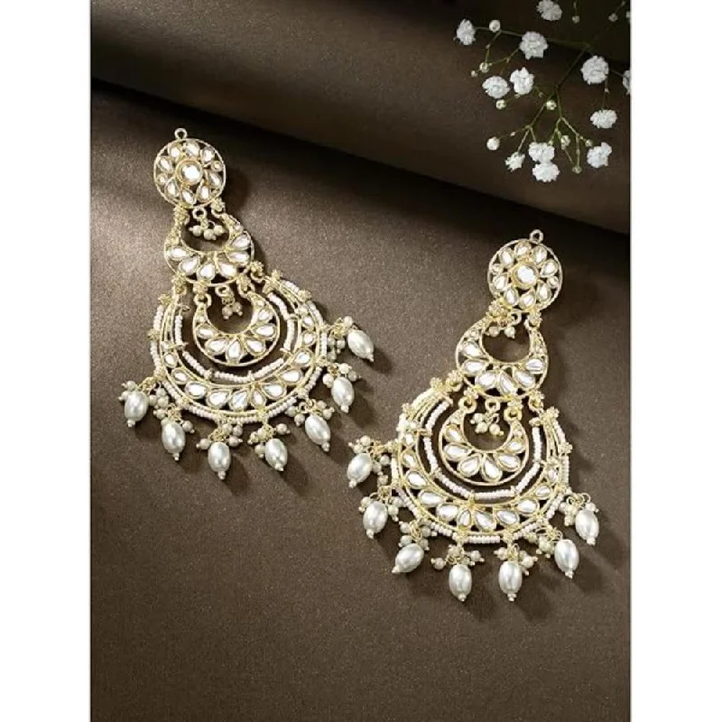 women’s opal earrings-Etnico Gold Plated Traditional Kundan & Pearl Chandbali Earrings For Women (E3093W)