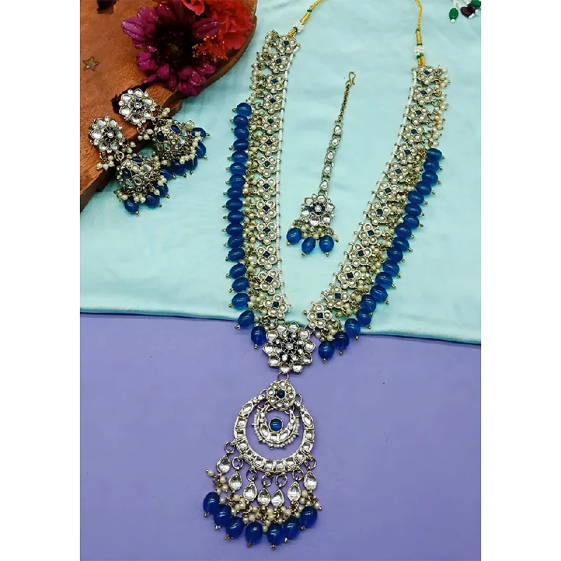 women’s choker diamond necklace-Gehana Mahal Kundan Stone And Meenakari Pearls Long Necklace Set