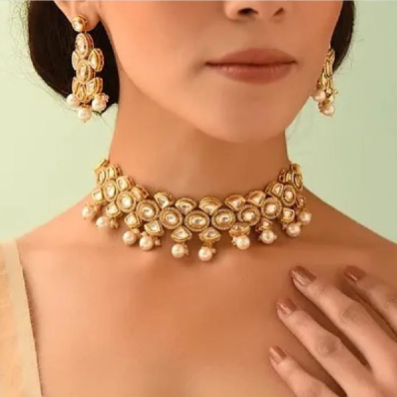 women’s dainty necklace-FS Collection Gold Plated Kundan Stone And Pearls Choker Necklace Set