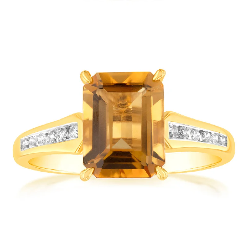 women’s halo diamond engagement ring-9ct Yellow Gold Citrine Emerald Cut Amethyst and Channel Set Diamond Ring