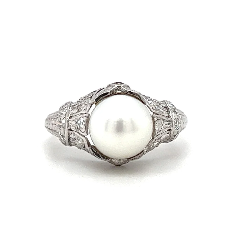 women’s personalized engagement ring-Pre-Owned Vintage Platinum Akoya Pearl & Diamond Ring