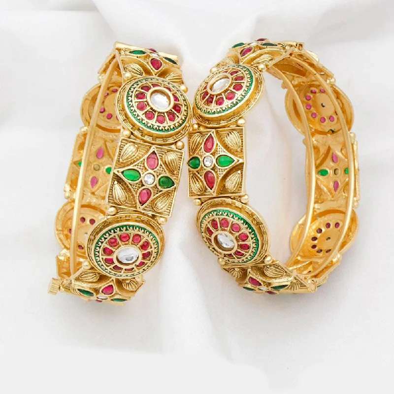 women’s wedding bracelet-Kavita Art Gold Plated Pota Stone Openable Bangles Set