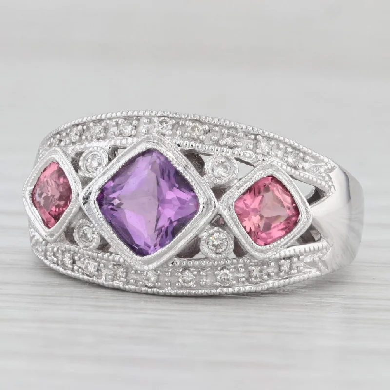 women’s vintage diamond engagement ring-1.47ctw Tourmaline Amethyst Diamond Ring 14k White Gold Size 6.75 3-Stone