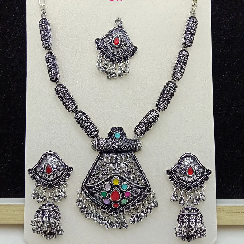 women’s pendant necklace-SP Jewellery Oxidised Plated Pota Stone Necklace Set