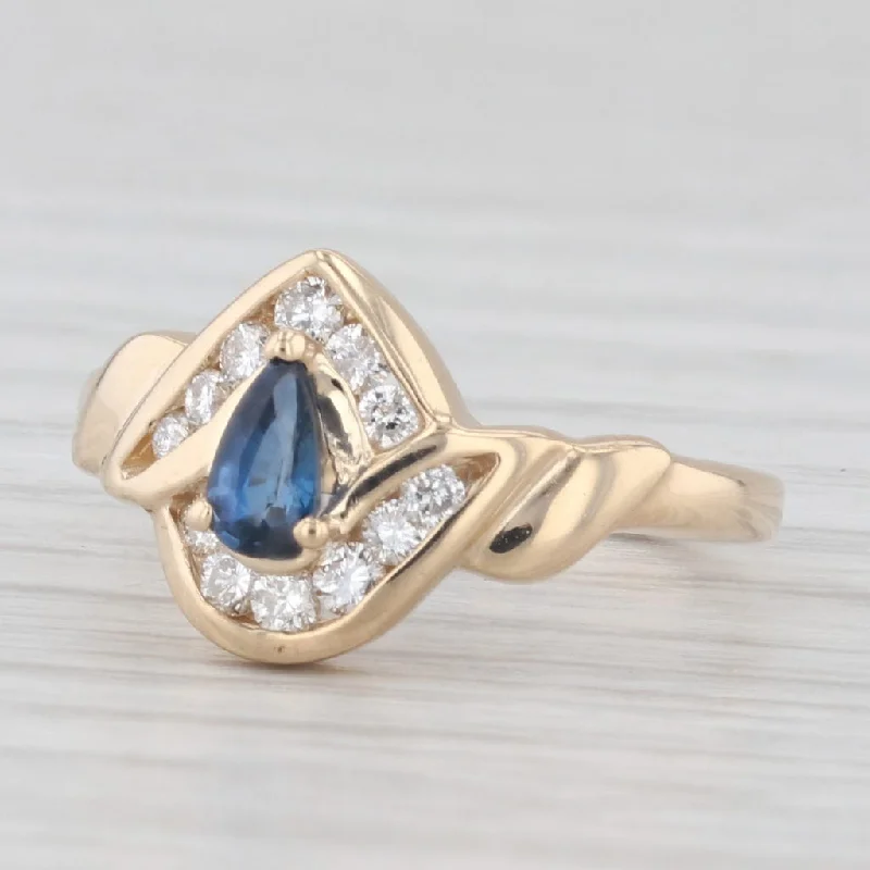 women’s gold engagement ring-0.40ctw Pear Blue Sapphire Diamond Ring 14k Yellow Gold Size 3.5