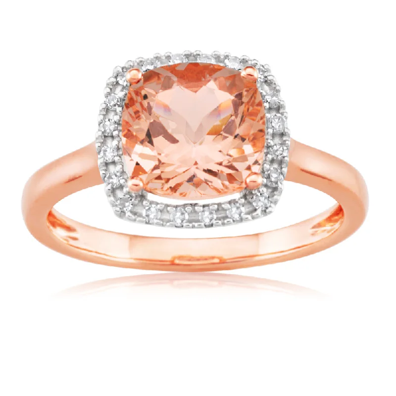 women’s yellow gold engagement ring-9ct Rose Gold 8mm 2.00 Carat Cushion Cut Morganite and 0.10 Carat Diamond Ring