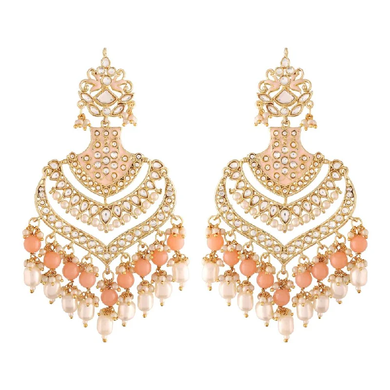 women’s gemstone chandelier earrings-Etnico Women's 18K Gold Plated Intricately Designed Traditional Long Earrings Enamel Glided with Kundans & Pearls (E2903) Peach