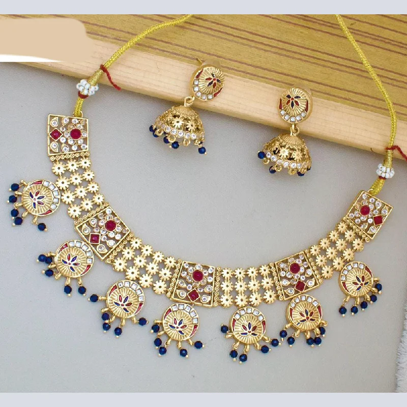 women’s layered necklace-JCM Gold Plated Pota Stone And Meenakari Beads Necklace Set