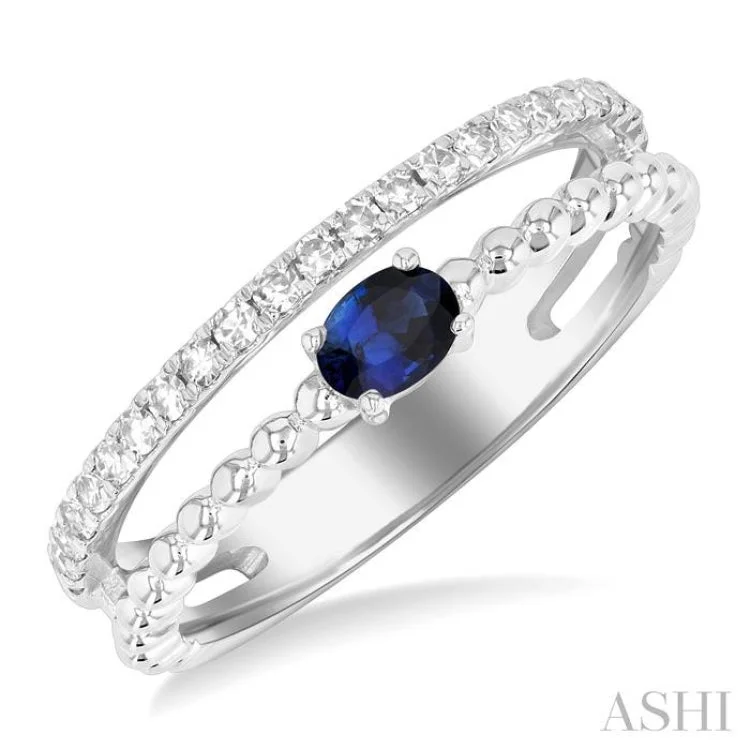 women’s gemstone eternity ring-1/5 ctw Round Cut Diamond and 4X3MM Oval Shape Sapphire Precious Split Twin Ring in 10K White Gold