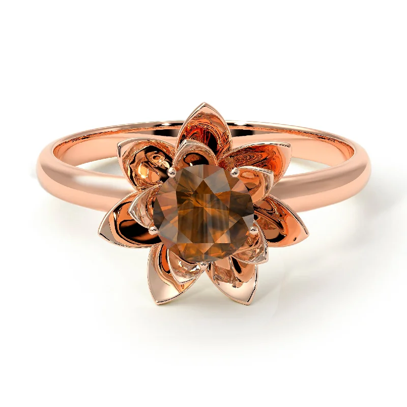 women’s engagement ring for her-Lotus Flower Solitaire Brown Diamond Ring - Lotus no. 1102