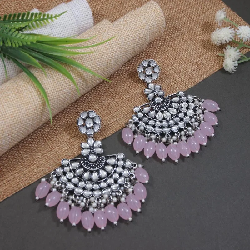 women’s teardrop earrings-Etnico Silver Oxidised Kundan & Pearl Chandbali Earrings For Women (E3106ZPi)