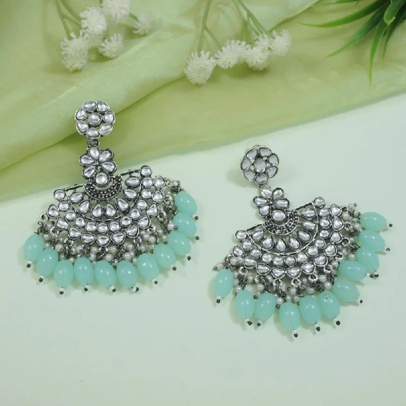 women’s halo earrings-Etnico Silver Oxidised Kundan & Pearl Chandbali Earrings For Women (E3106ZMin)