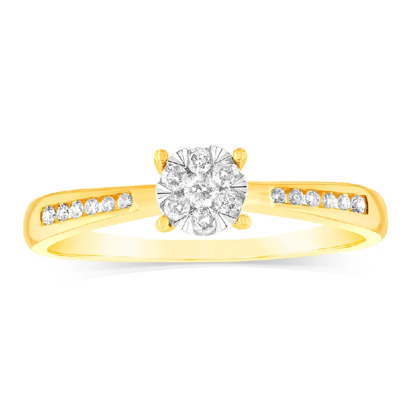 women’s engagement ring with side stones-9ct Yellow 1/4 Carat Round Cluster Diamond Ring