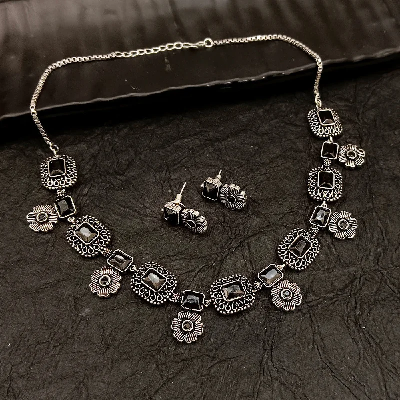 women’s cute necklace-Deep Jewell Oxidised Plated Crystal Stone Necklace Set