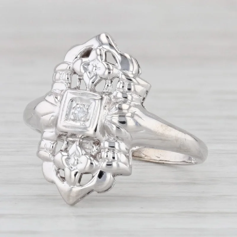 women’s halo diamond engagement ring-Vintage Ornate Floral Diamond Ring 14k White Gold Size 6