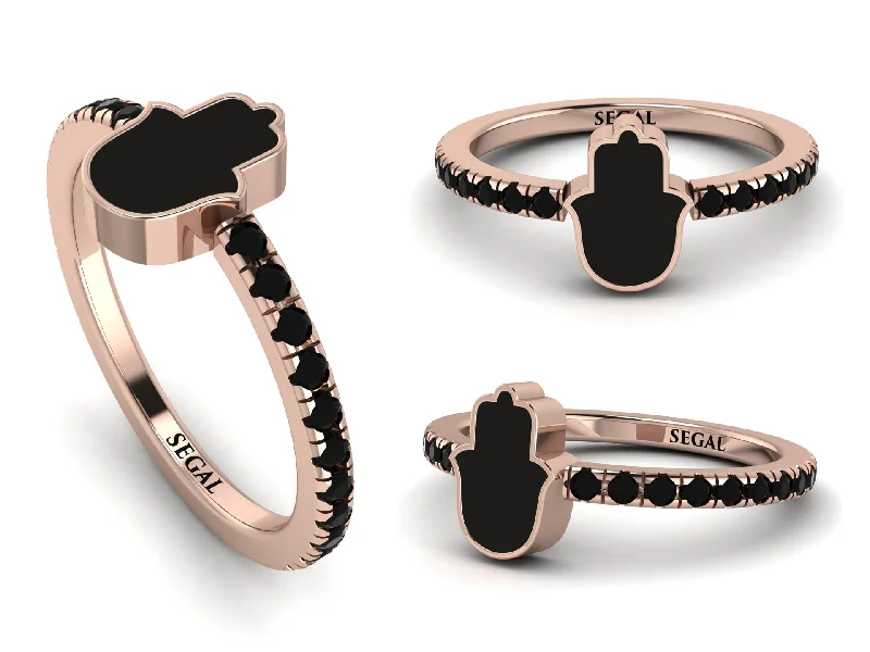 women’s luxury diamond engagement set-Elegant Enamel Hamsa Black Diamond Ring - Hamsa No. 8