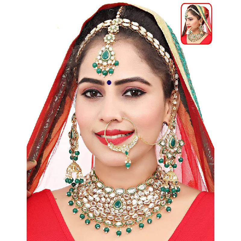 women’s dainty necklace-Neetu Art Gold Plated Kundan Stone And Beads Semi Bridal Necklace Set