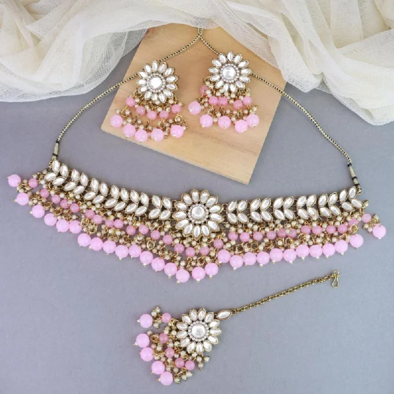 women’s pearl necklace-Etnico 18K Gold Plated Traditional Kundan Studded Pink Pearl Hanging Choker Necklace Jewellery Set With Earrings & Maang Tikka For Women & Girls (K7232Pi)