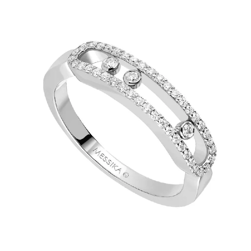 women’s split shank engagement ring-18ct White Gold Baby Move 3 Moving & Pave Set Diamond Ring