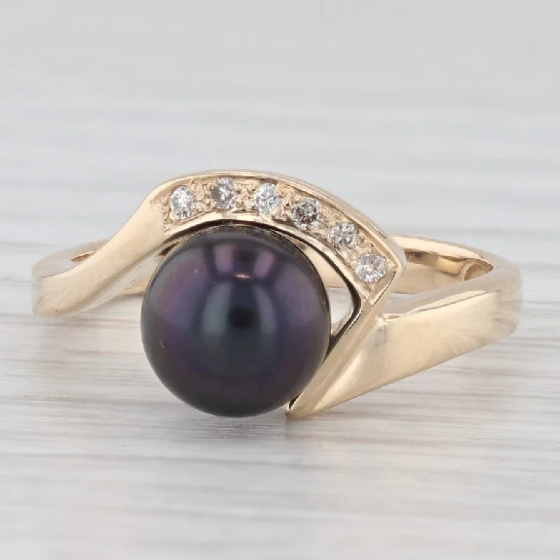 women’s luxury diamond engagement set-Black Cultured Pearl Diamond Ring Bypass Ring 14k Yellow Gold size 6.25