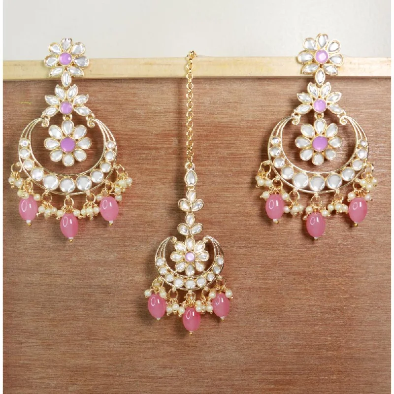 women’s ruby earrings-Etnico Gold Plated Traditional Kundan & Pearl Chandbali Earrings with Maang Tikka Set for Women/Girls (TE3023Pi)