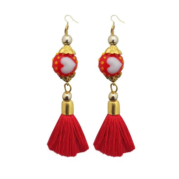 women’s fashion earrings-Tip Top Fashions Red Thread Gold Plated Tassel Earrings - 1313310C